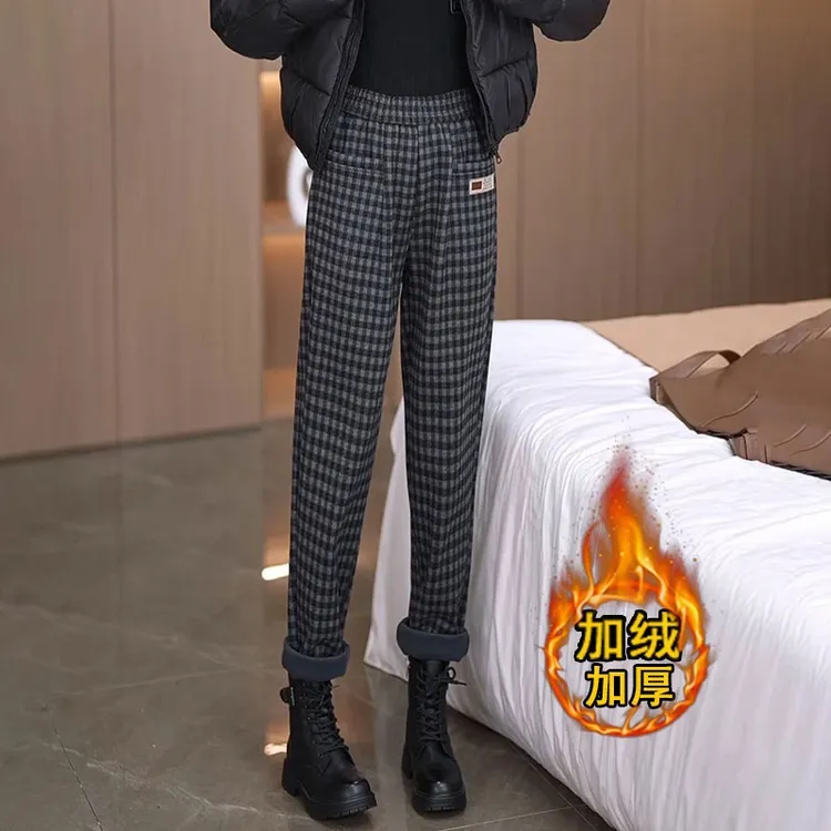 雅鹿休闲裤2025秋冬新款加绒宽松休闲格子直筒哈伦老爹裤