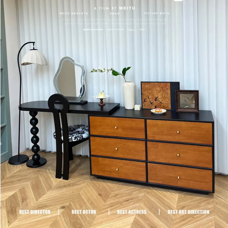 中古风胡桃木梳妆台斗柜一体化妆桌卧室现代简约意式轻奢实木床尾
