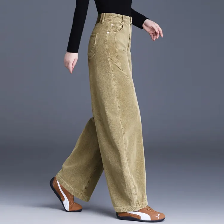卡其色灯芯绒裤子女2025新款秋冬加绒高腰阔腿休闲裤小个子弯刀裤