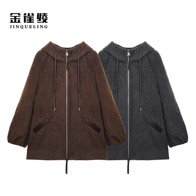 金雀绫【北欧大道】百搭宽松加宽加大连帽大衣毛呢外套SZAK4MPL200