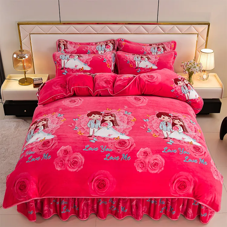 新款秋冬加厚牛奶绒四件套冬季加绒保暖双面绒被套床裙款床品套件