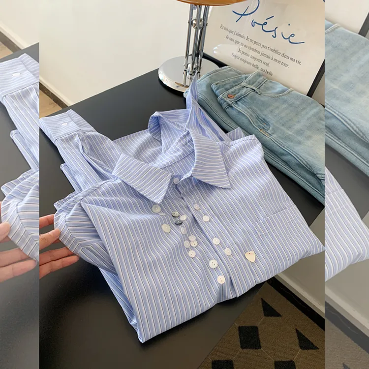 港风复古通勤氛围感条纹衬衫女春秋韩系时尚百搭宽松休闲长袖衬衣