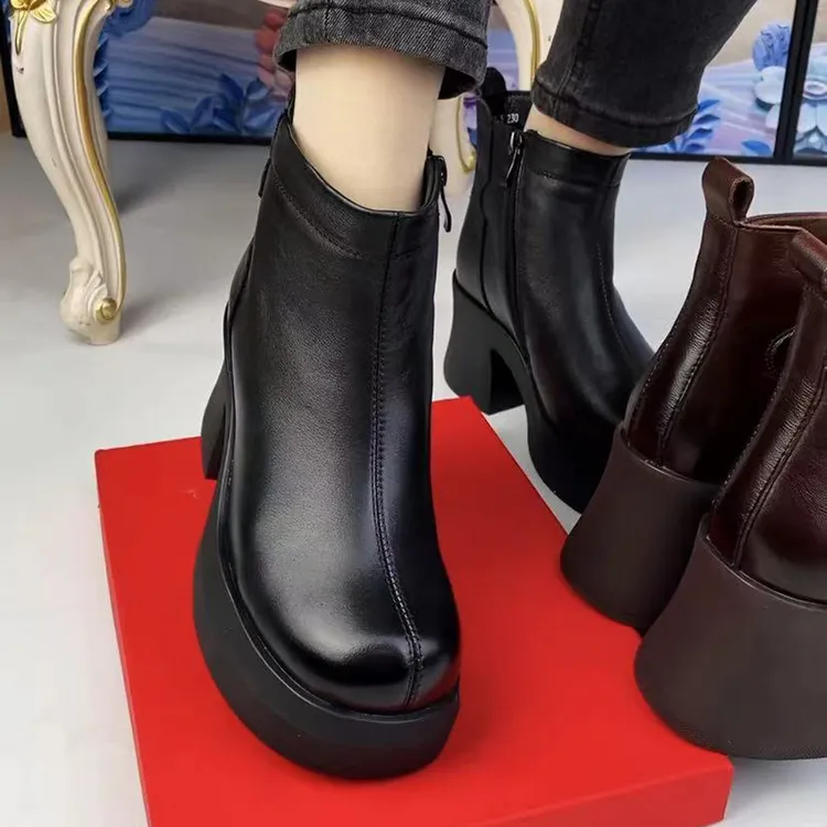 头层牛皮复古增高超轻底圆头舒适冬季加绒保暖侧拉链纯色百搭短靴