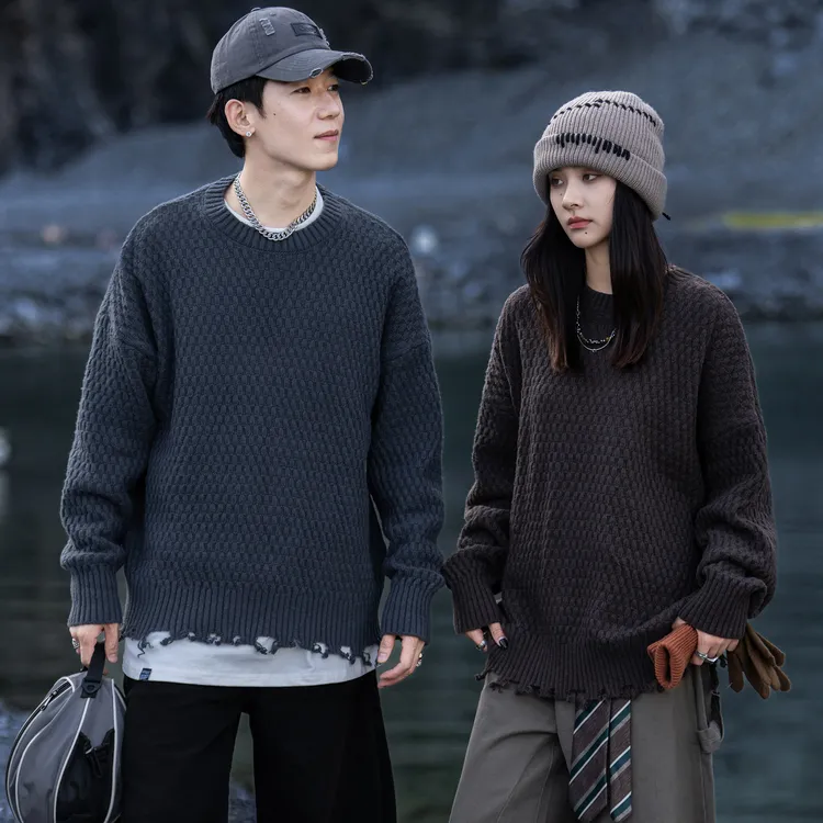 AOGZ圆领毛衣男女秋冬新款套头蜂窝纹宽松潮流长袖情侣打底衫针织