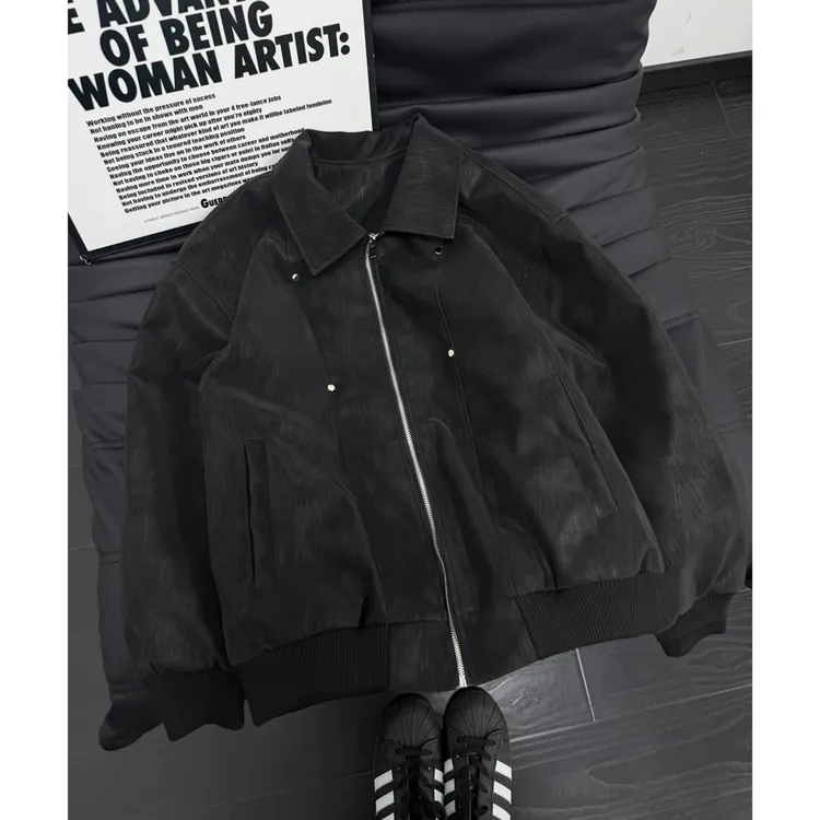 cleanfit黑色PU皮夹克棉服男款冬季夹棉机车服外套翻领正肩棉衣