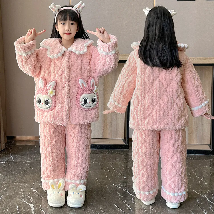 法兰绒女童新款睡衣三层夹棉秋冬季儿童套装中大童公主女孩家居服