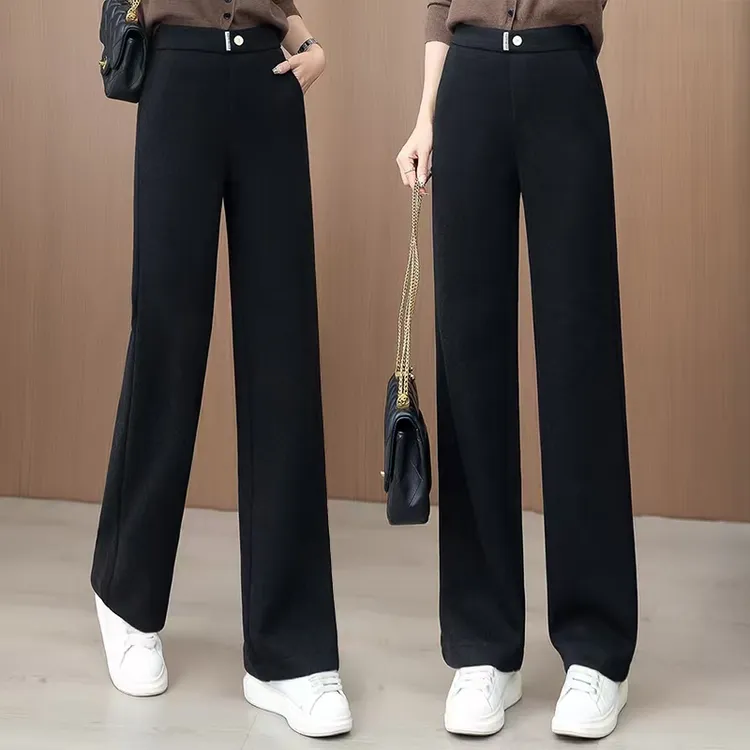 毛呢窄版阔腿裤女2025秋冬季新款高腰显瘦松紧加厚休闲直筒裤
