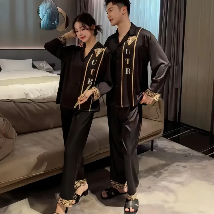 春季薄款冰丝情侣睡衣女长袖开衫爱心印花套装CWS家居服