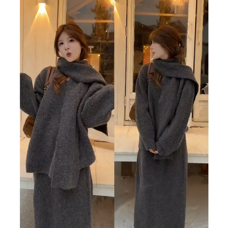 2025秋冬新款时尚一整套气质宽松休闲针织上衣半身裙两件套