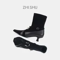 直述ZHISHU 25秋冬新品 Art Deco高跟弹力靴麂皮短筒袜靴小众设计