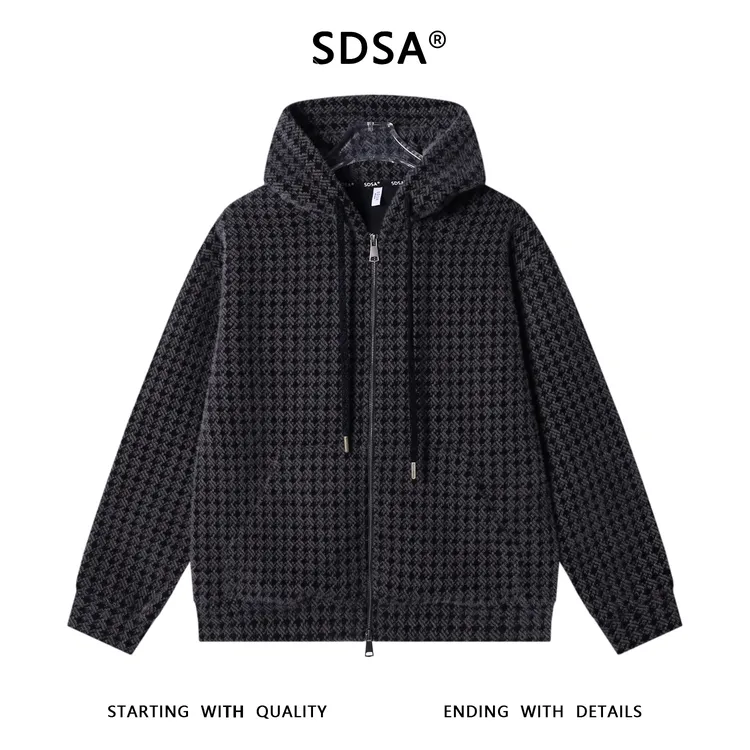 SDSA男士秋冬新款痞帅男装潮牌绒毛拉链开衫连帽卫衣暗纹百搭上衣