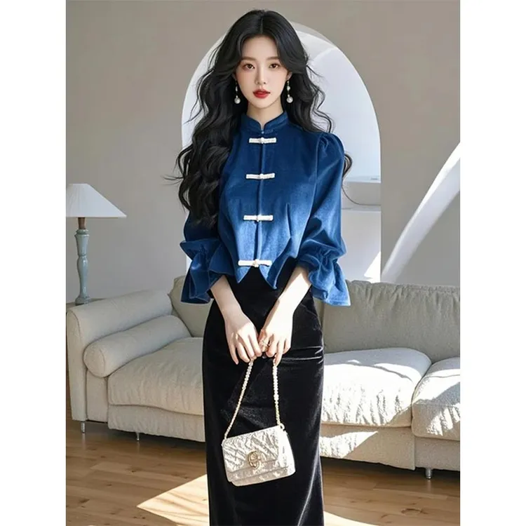 新中式国风蓝色高级感女装衬衫2025年春秋爆款时尚个性设计感上衣