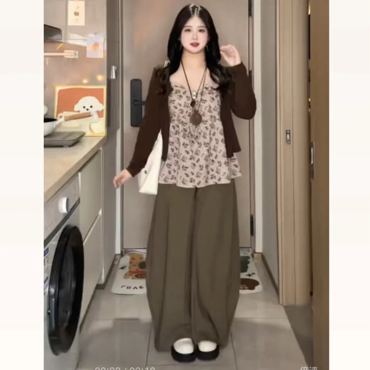 大码法式V领碎花吊带背心开衫设计感显瘦25165阔腿裤三件套