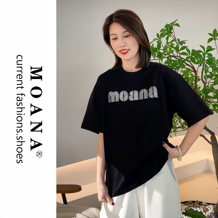 MOANA高端定制T恤夏季休闲舒适百搭简约宽松镶钻短袖透气半袖圆领