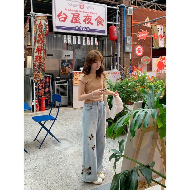 切糕自制【破茧】小个子夏薄款牛仔裤时髦小众蝴蝶镂空烫钻裤子女