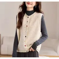 彩点纱纽扣圆领针织马甲背心女2025新款春秋短款无袖叠穿开衫上衣