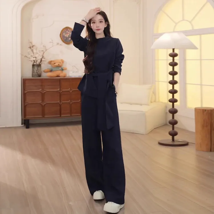 早秋高级感时尚套装大码胖mm系带显瘦上衣阔腿裤气质休闲两件套女