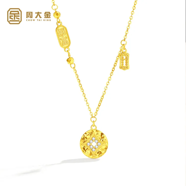 坠链均925银 周大金碎碎冰铜钱币暴富项链女款纯银锁骨链金色时尚