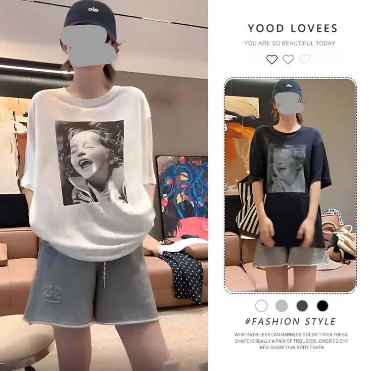 设计感印花半袖T恤上衣女2025夏季新款洋气卷边抽绳休闲短裤套装