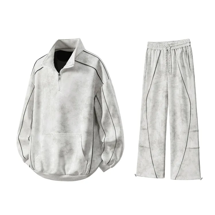 脏脏灰两件套男美式复古潮流半拉链卫衣卫裤情侣休闲运动套装