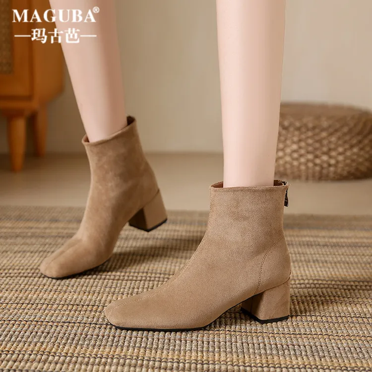 玛古芭马丁靴女款秋冬时尚方头后拉链短靴女式英伦风时尚休闲百搭