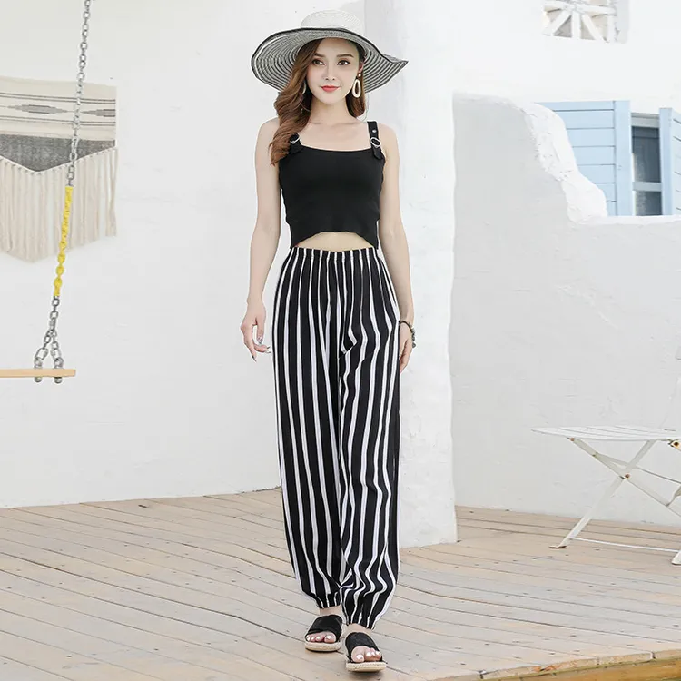 A女士沙滩裤女夏棉绸哈伦休闲裤薄款空调裤 民族风防蚊裤女灯笼裤
