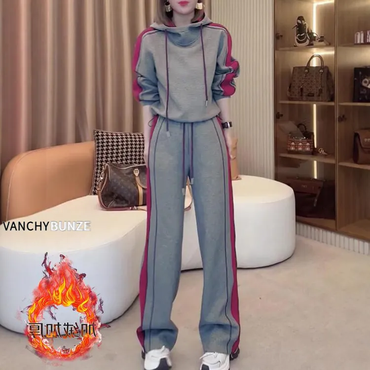 BUNZE韩版休闲套装女2025秋冬新款加厚宽松显瘦连帽卫衣阔腿裤运