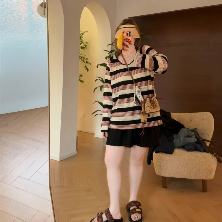 【瘦瘦】大码夏季U领条纹时尚百搭宽松显瘦防晒长袖S01668