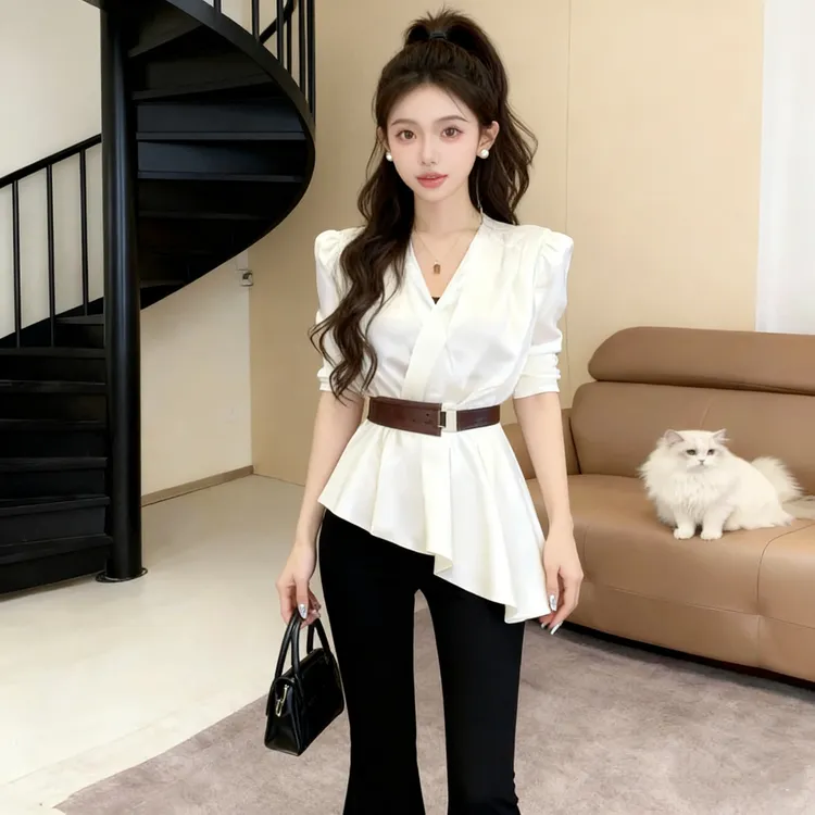 气质V领设计感不规则斜边荷叶边系带收腰显瘦百搭上衣女2355#