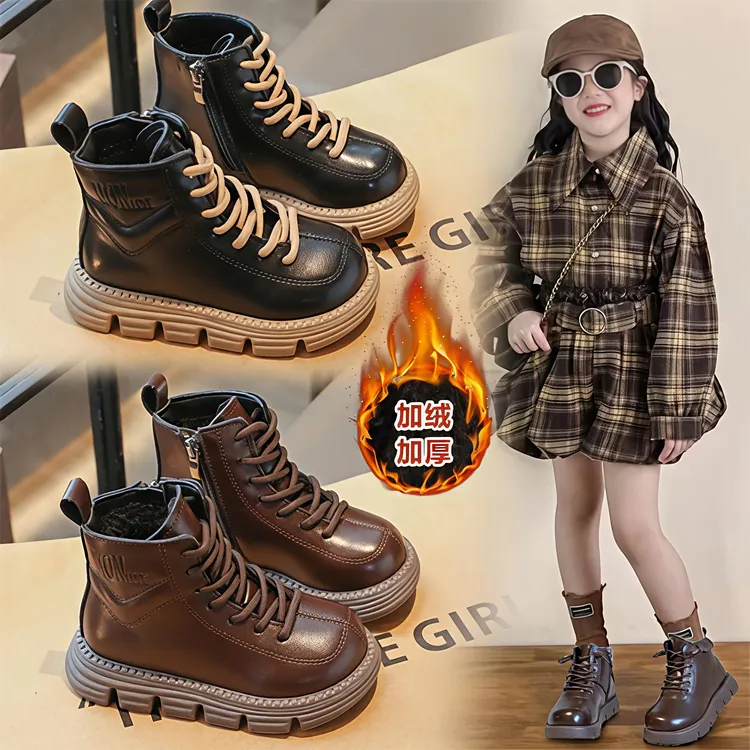 ABC女童加绒马丁靴儿童公主风皮靴2025冬季百搭休闲大棉靴子棉靴