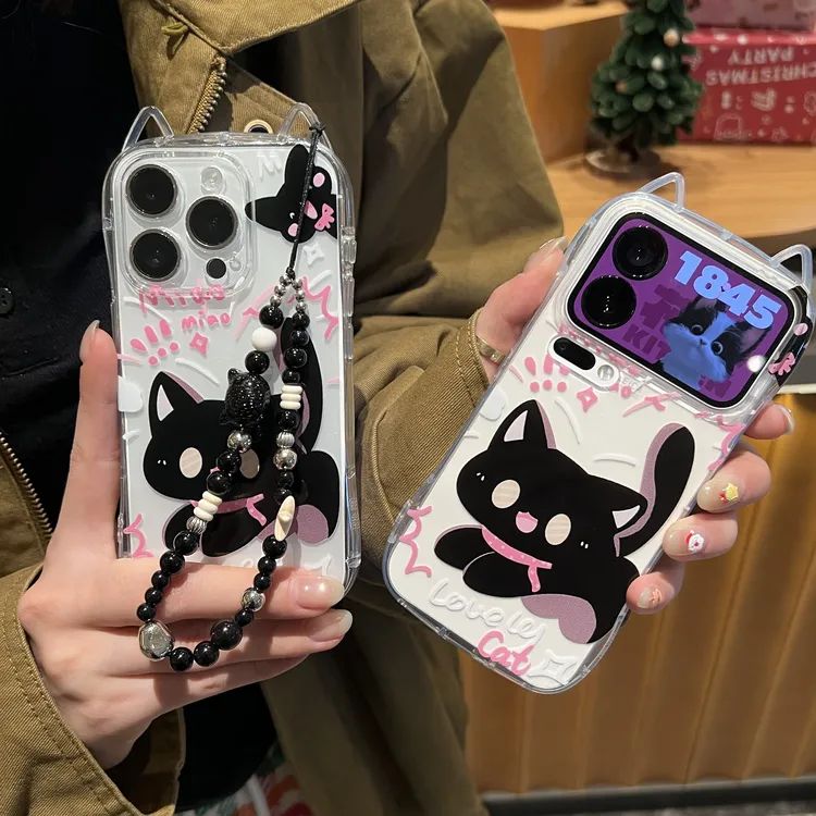 卡通惊吓黑猫挂链适用苹果17猫耳朵16透明手机壳vivo华为小米oppo