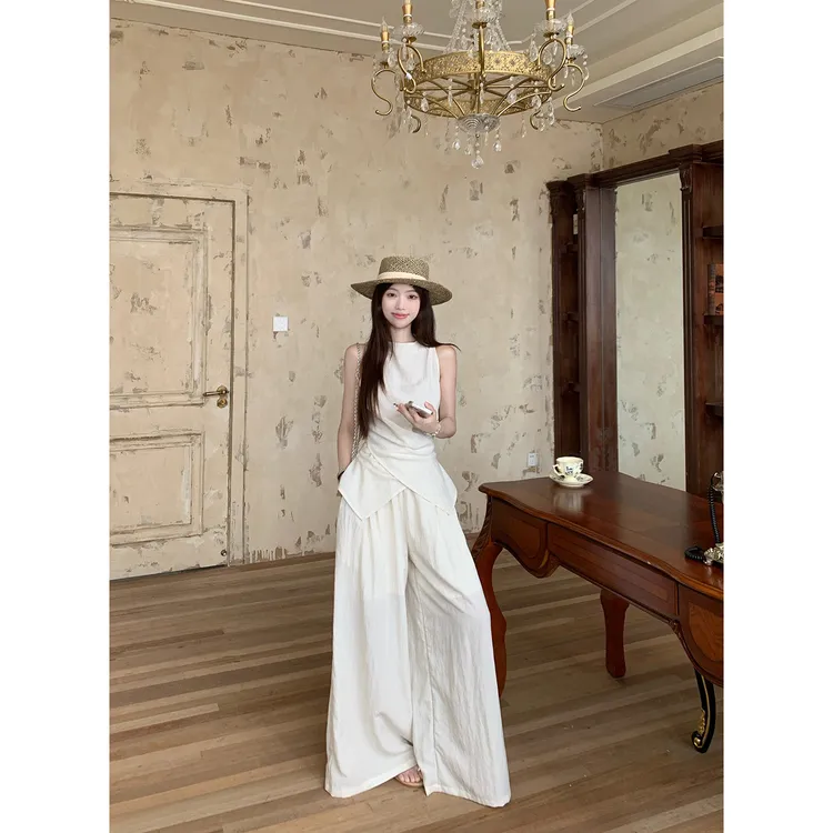 高级感气质时尚套装女夏季2025新款绑带背心上衣阔腿休闲裤两件套