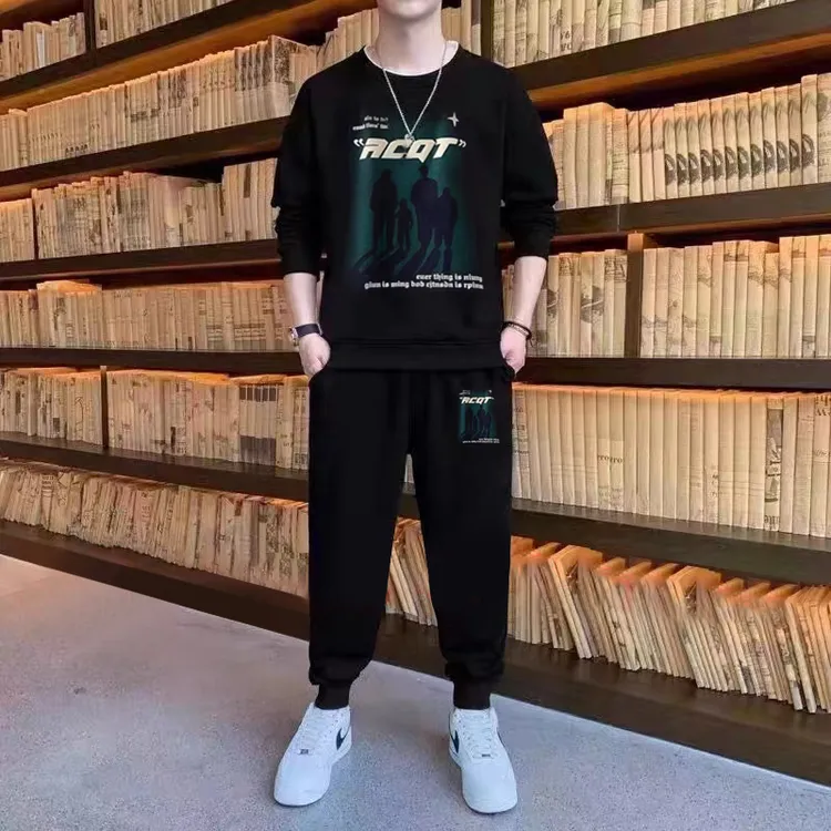 秋冬大码新款圆领休闲运动卫衣男简约纯棉两件套装时尚潮流一整套