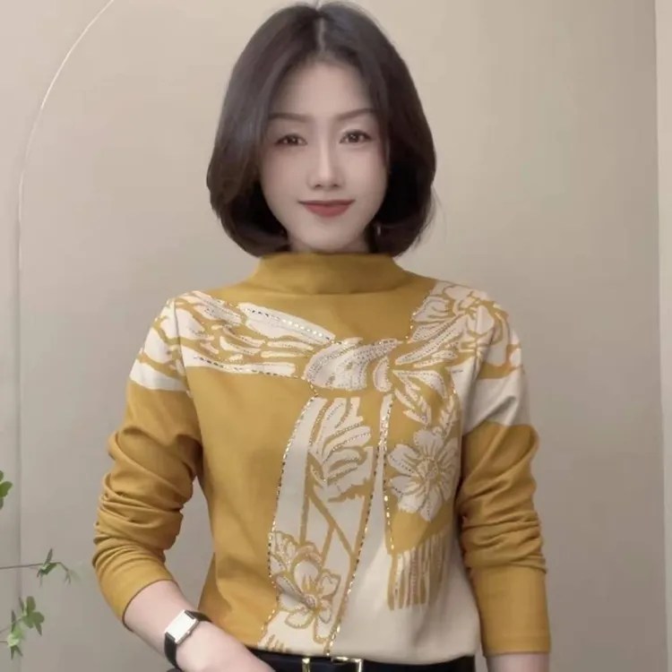 2025秋冬季新款百搭气质印花内搭半高领长袖打底女士上衣559