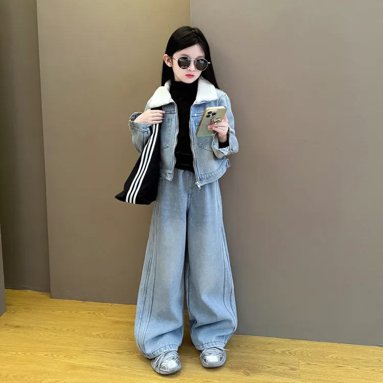 女童2025新款洋气秋冬季牛仔加绒套装中大童冬装韩版时尚新品潮酷