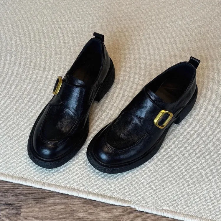 羊皮版~厚底乐福鞋女英伦风一脚蹬黑色jk小皮鞋通勤百搭粗跟单鞋