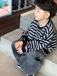 韩版男童春秋新款2025套装条纹卫衣牛仔长裤儿童洋气休闲两件套潮