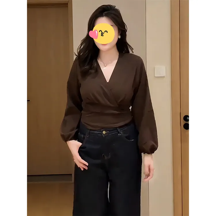 大码法式V领交叉绑带长袖衬衫女秋季微胖MM收腰显瘦衬衣气质上衣