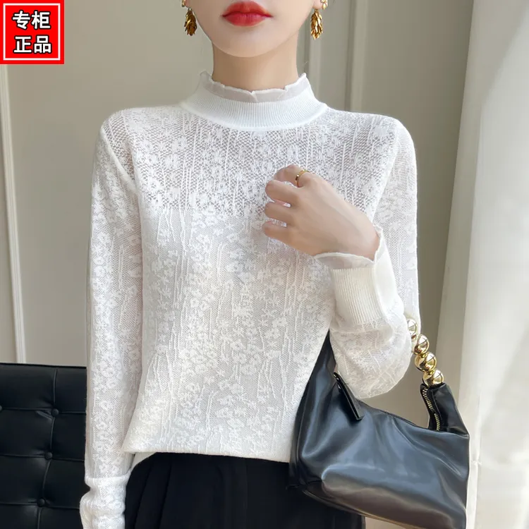 哥弟阿玛施正品蕾丝针织衫镂空羊毛衫女圆领简约时尚打底衫女百搭