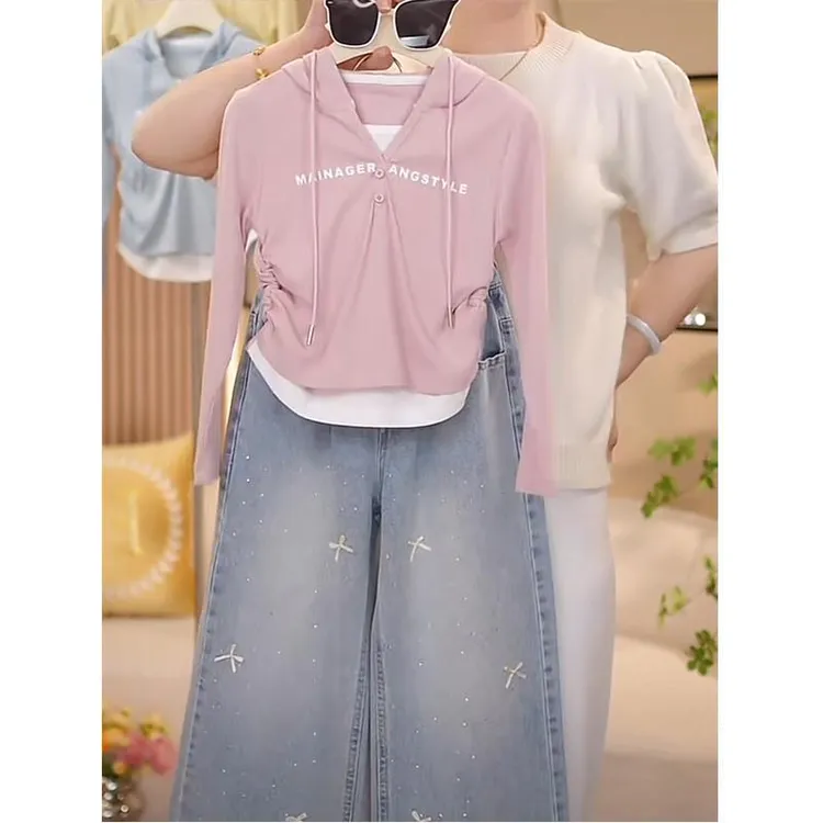 女童长袖套装春装2025新款儿童春季洋气韩版时髦牛仔裤两件套衣服