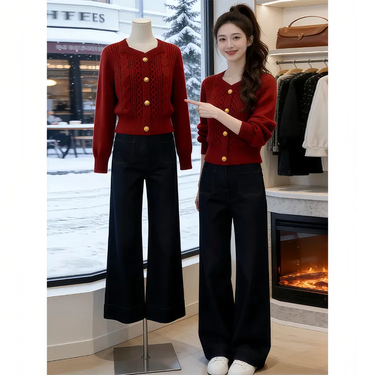 新年新春红色V领针织衫2026冬季新款高级感法式氛围感上衣女