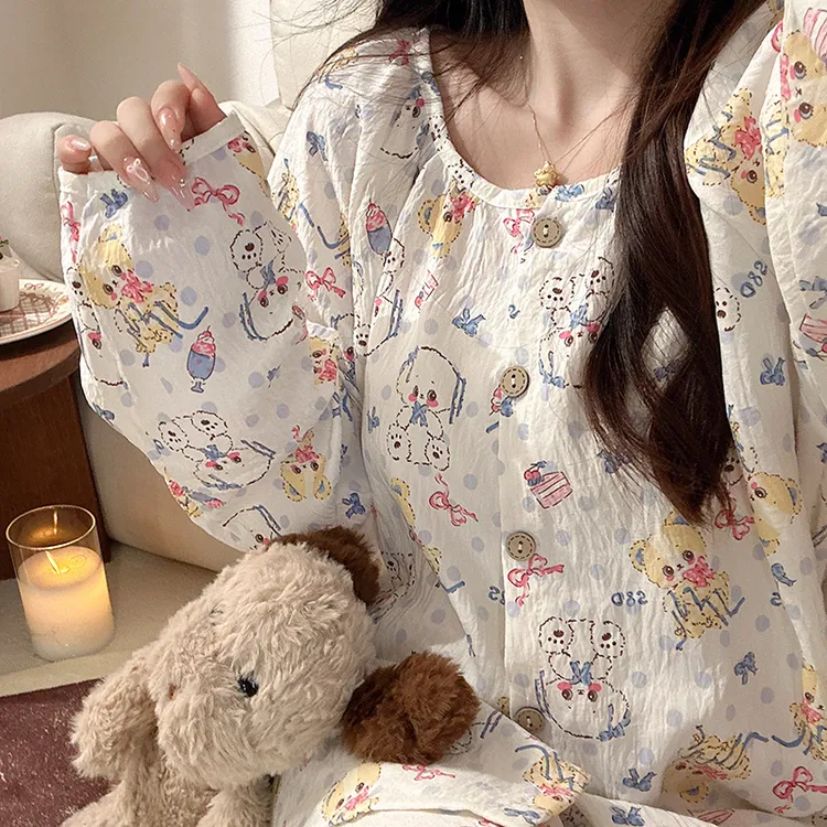 韩版甜美少女害羞坐姿小熊圆领开衫睡衣女春秋2025新款家居服套装
