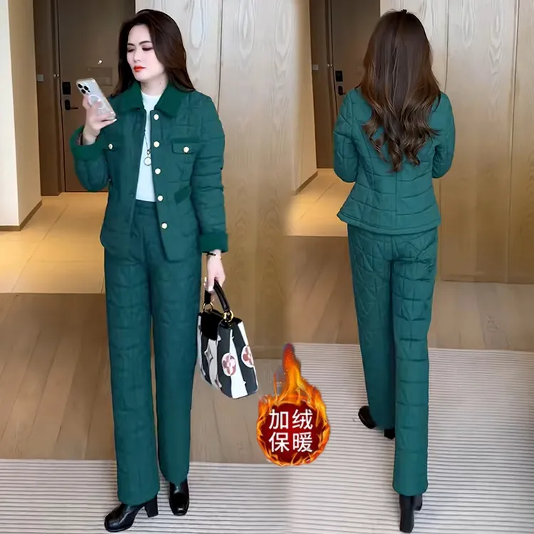 加绒加厚时尚套装女2025冬季新款洋气显瘦减龄保暖棉衣裤子两件套