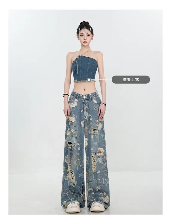复古蓝色高腰破洞印染女休闲牛仔裤阔腿裤辣妹夏季印花