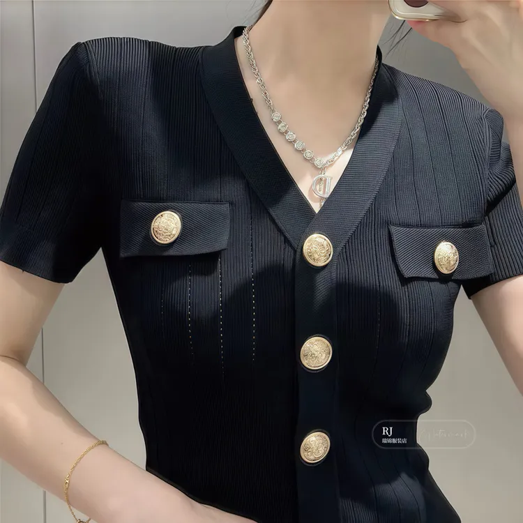 【RJ】小众夏季短袖气质时尚小香风上衣女显瘦小香风短款毛针织衫