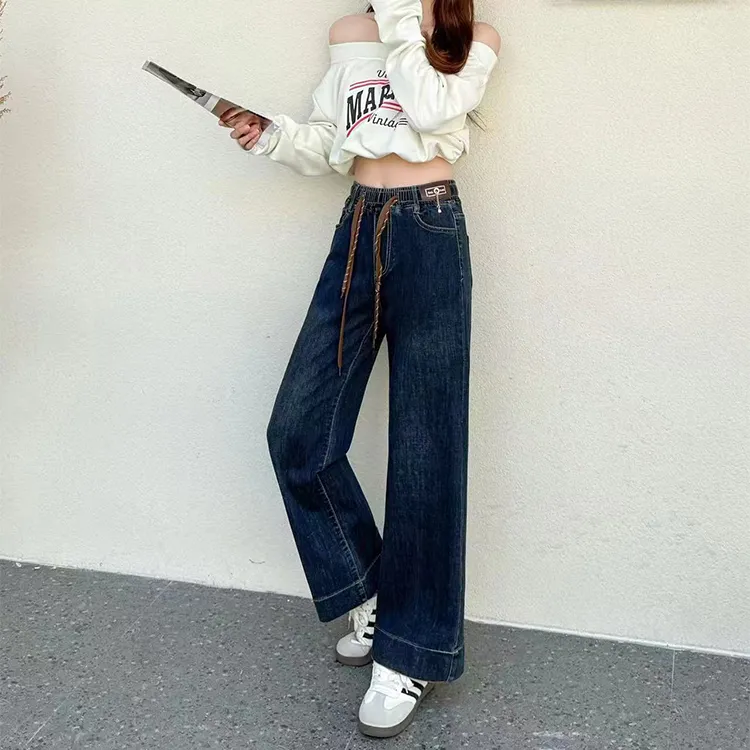 复古蓝松紧腰直筒牛仔裤女2025秋季新款弹力高腰宽松显瘦奶奶裤子