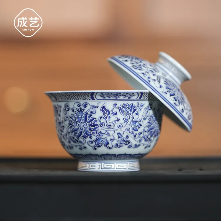 覆银点绘青莲高级盖碗网红茶器侘寂风泡茶专用高档主人杯个人款