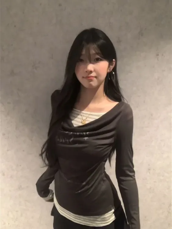 韩系chic假两件荡领印花长袖t恤女秋季撞色条纹收腰显瘦修身上衣