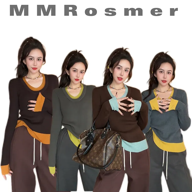 冬季新款时尚长袖拼色针织衫女士洋气显瘦百搭撞色毛衣打底衫内搭