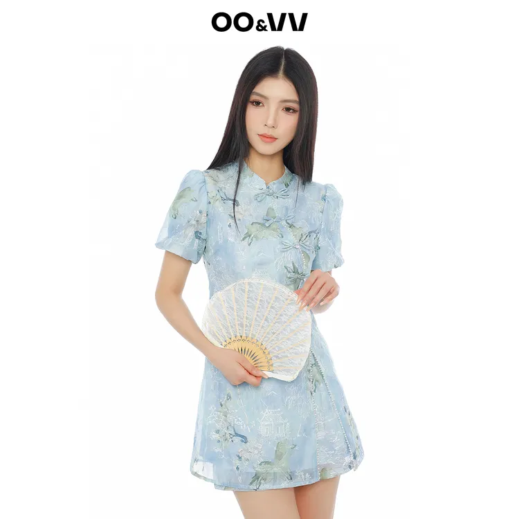 OO&VV中式国风刺绣短袖连衣裙女2025夏蝴蝶结盘扣提花